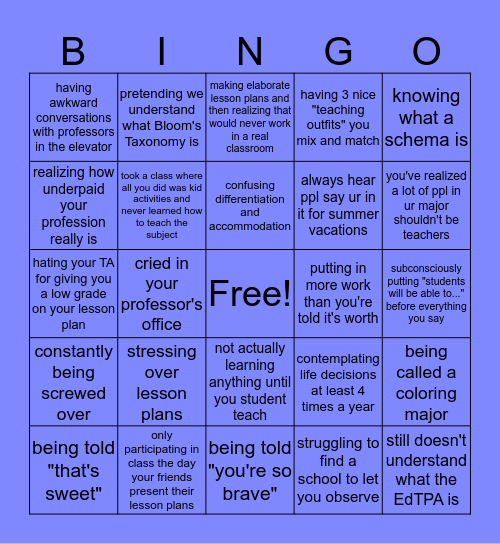 SJU Ed Major BINGO Card