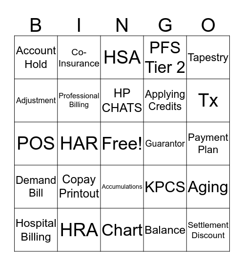 Service Billing Bingo Card