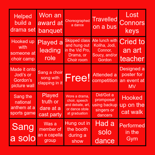 MVHS ARTS BINGO Card