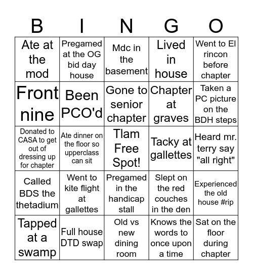 Theta Bingo Card