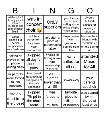 TC Williams Choir Bingo Card