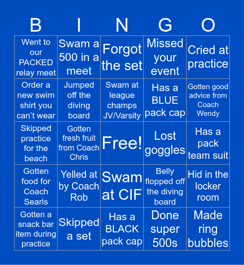 Wolfpack Swim and Dive Bingo Card