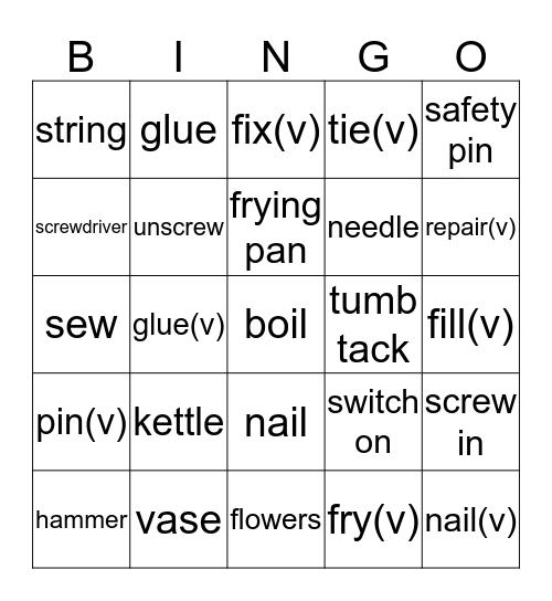 Tools and Objects Bingo Card
