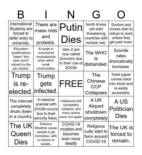 Corona Virus Bingo Card