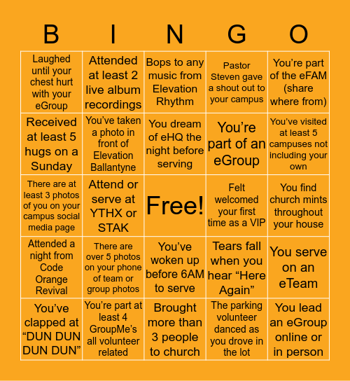 Elevation Church Bingo Card