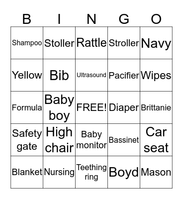 Brittanie's Baby shower Bingo Card