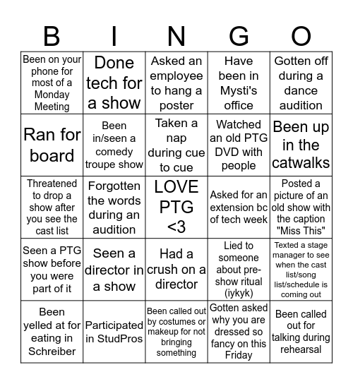 PTG (probably more applicable to actors sorry) Bingo Card