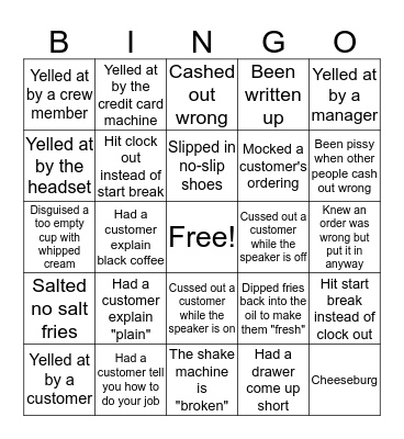 Working at McDonald's Bingo Card