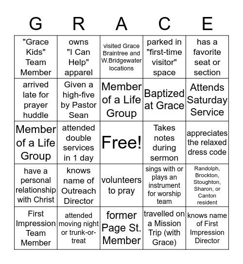 BINGO - Grace Church - BINGO Card