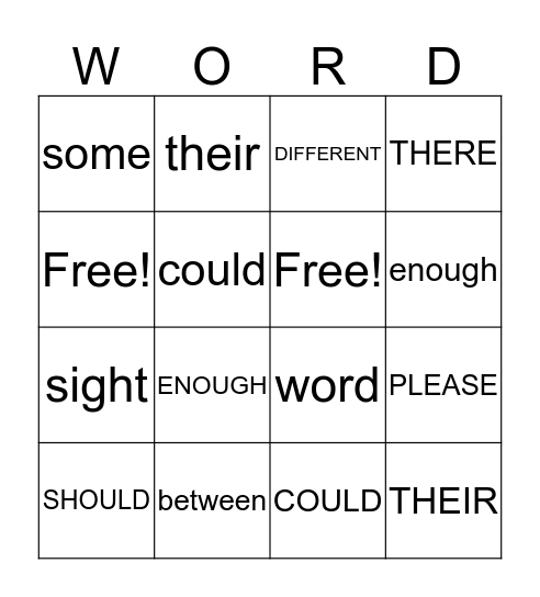 Sight Word Bingo Card