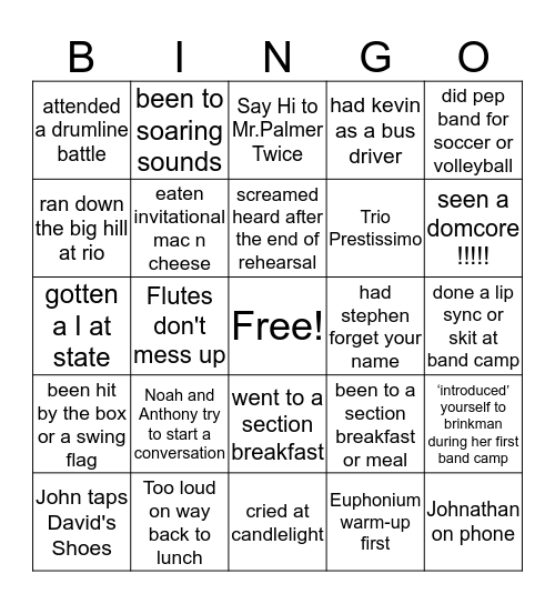 Tippecanoe Marching Band Bingo Card