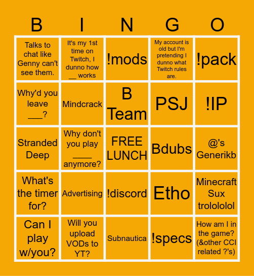 GenerikB's Stream Bingo Card