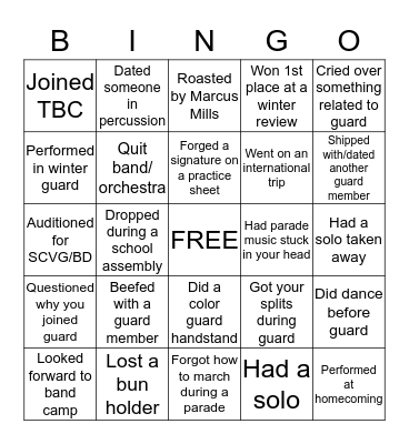 MSJ Color Guard Bingo Card
