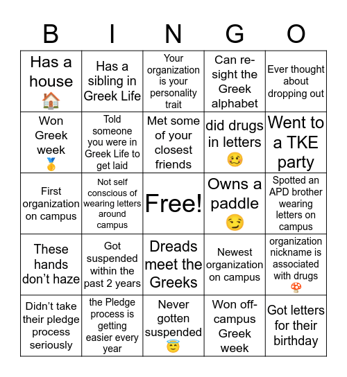 Marist Greek Life Bingo Card