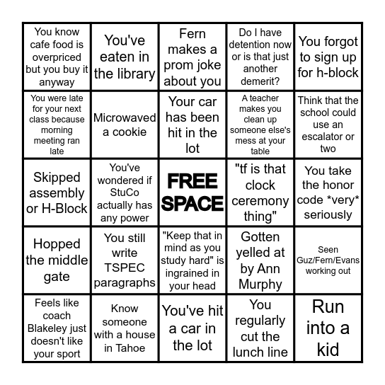 Head-Royce Bingo Card