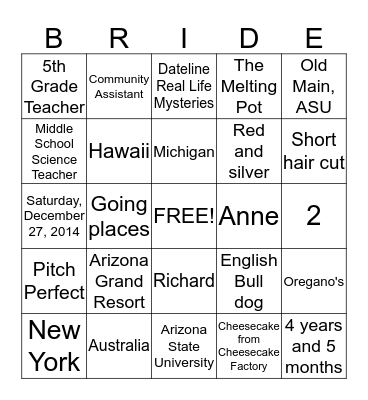 Bridal Bingo Card