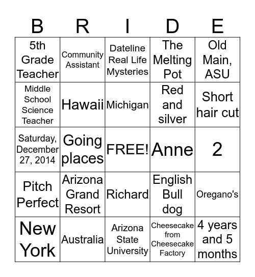 Bridal Bingo Card