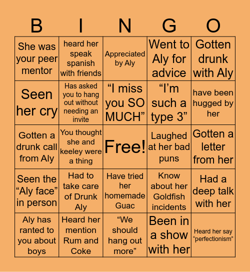 ALY 🤩 Bingo Card