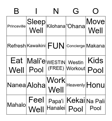'Ohana Bingo-Westin Princeville Ocean Resort Villas Bingo Card