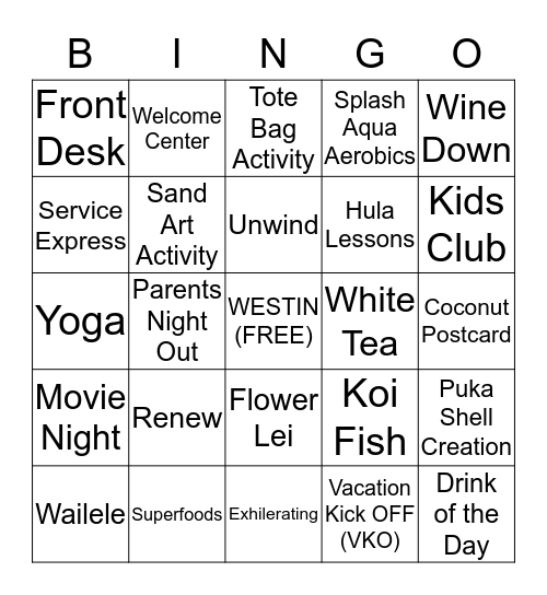 `Ohana Bingo-Westin Princeville Ocean Resort Bingo Card