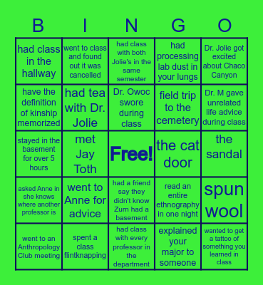 Anthropology/Archaeology Department Bingo Card