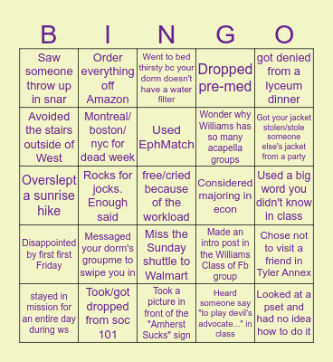 Williams College Bingo Card