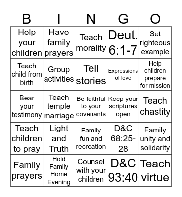 Bringing Up Children In Light And Truth Bingo Card