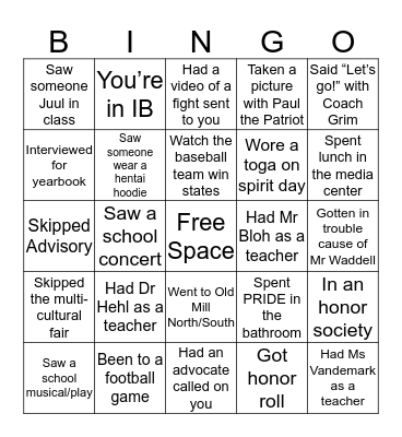 Old Mill High School Bingo Card