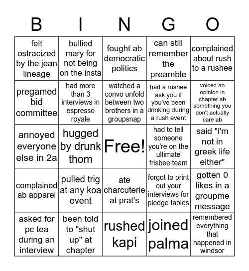 off the record koa bingo Card