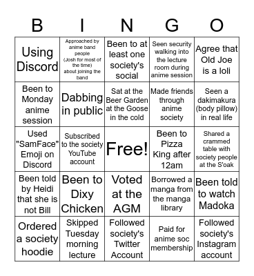 UoB Anime Society Bingo Card