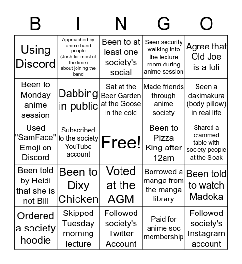 UoB Anime Society Bingo Card