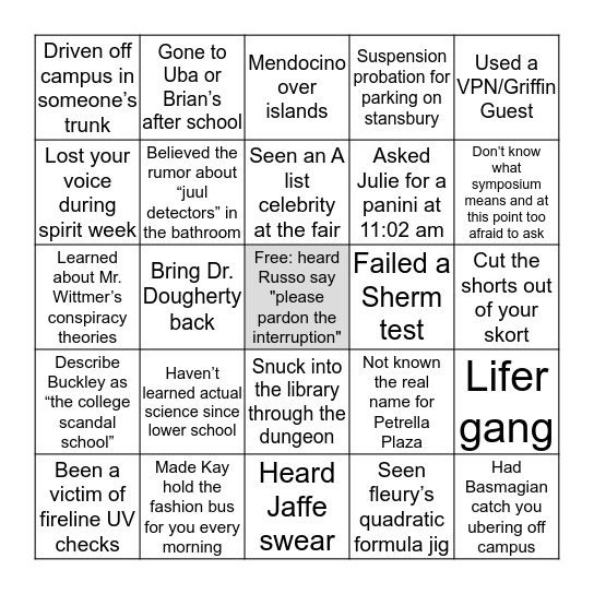 Buckley Bingo (Rah Rah Rah) Bingo Card