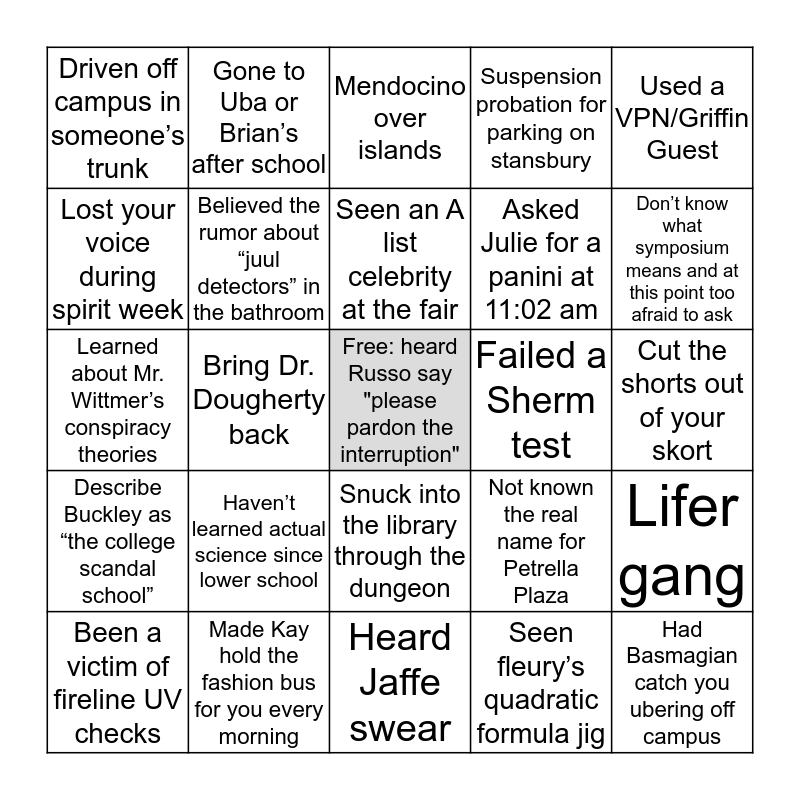 Buckley Bingo (Rah Rah Rah) Bingo Card