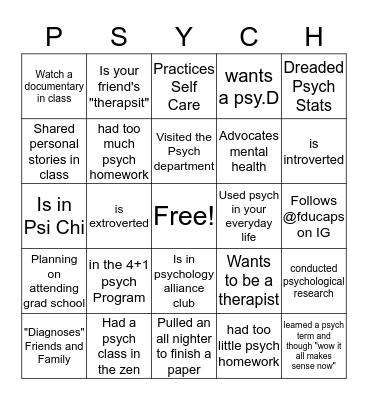 Psychology Major Bingo Card