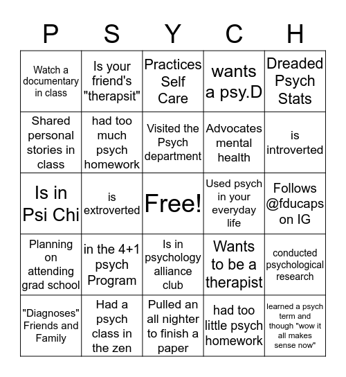 Psychology Major Bingo Card
