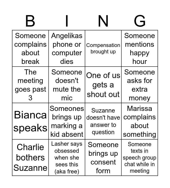 Speech Meeting Bingo Card