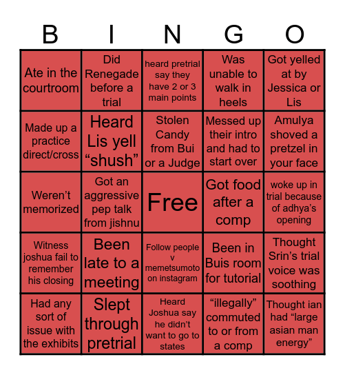 CHS Mock Trial Bingo Card