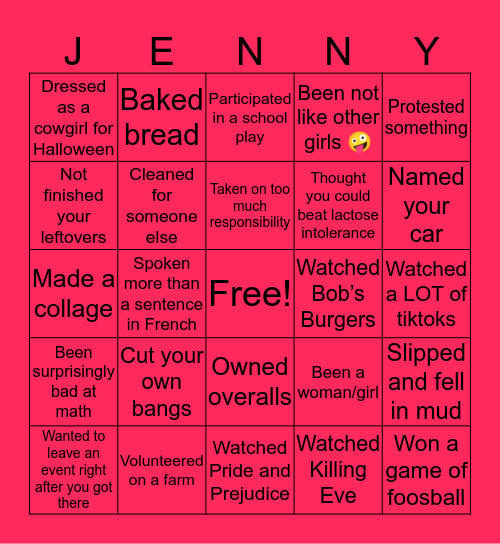 Jenny Teague Bingo Card
