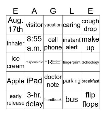 New Family Orientation Bingo Card