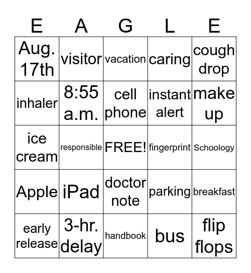 New Family Orientation Bingo Card