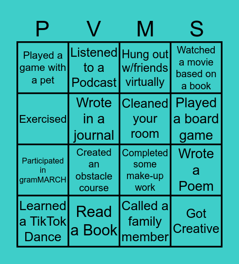 PVMS Quarantine Bingo! Bingo Card