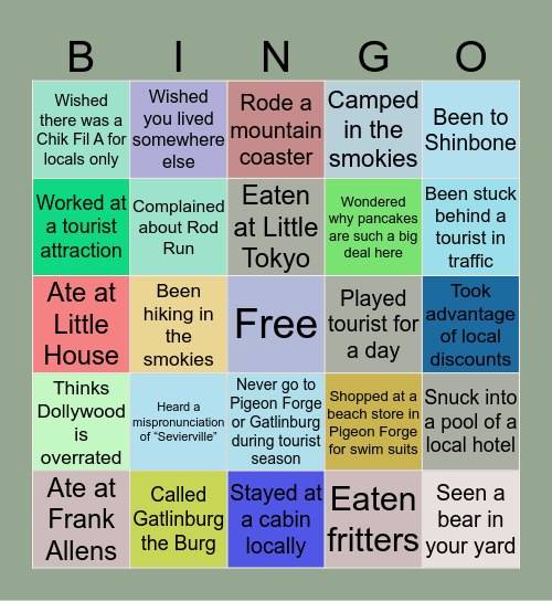 Sevier County Bingo Card