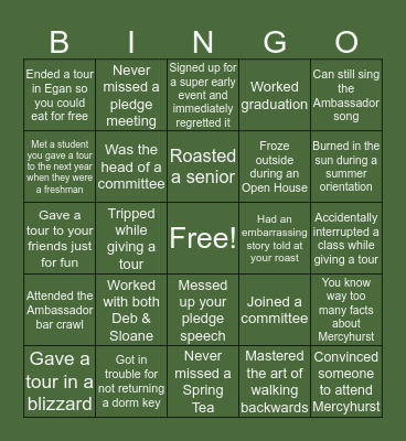 Mercyhurst Ambassador Bingo Card