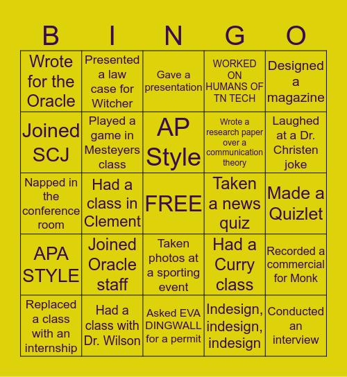 TTU Journalism Bingo Card