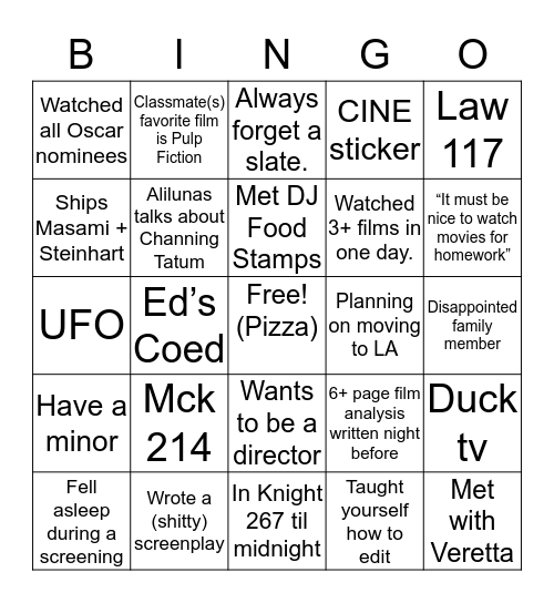 UO Cinema Studies Bingo Card