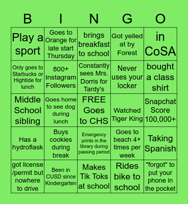Class of 2022 Bingo Card