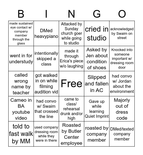 BA Butler Fellow Bingo 2019-20 Bingo Card
