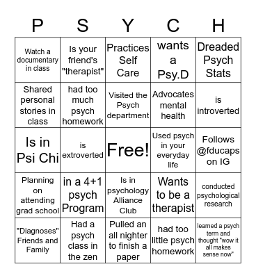 FDU Psychology Major Bingo Card