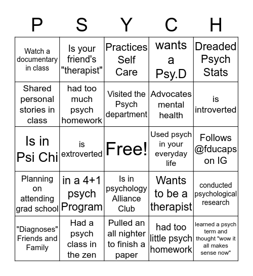 FDU Psychology Major Bingo Card