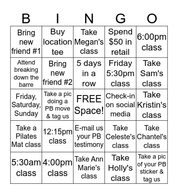Pure Barre Bingo Card